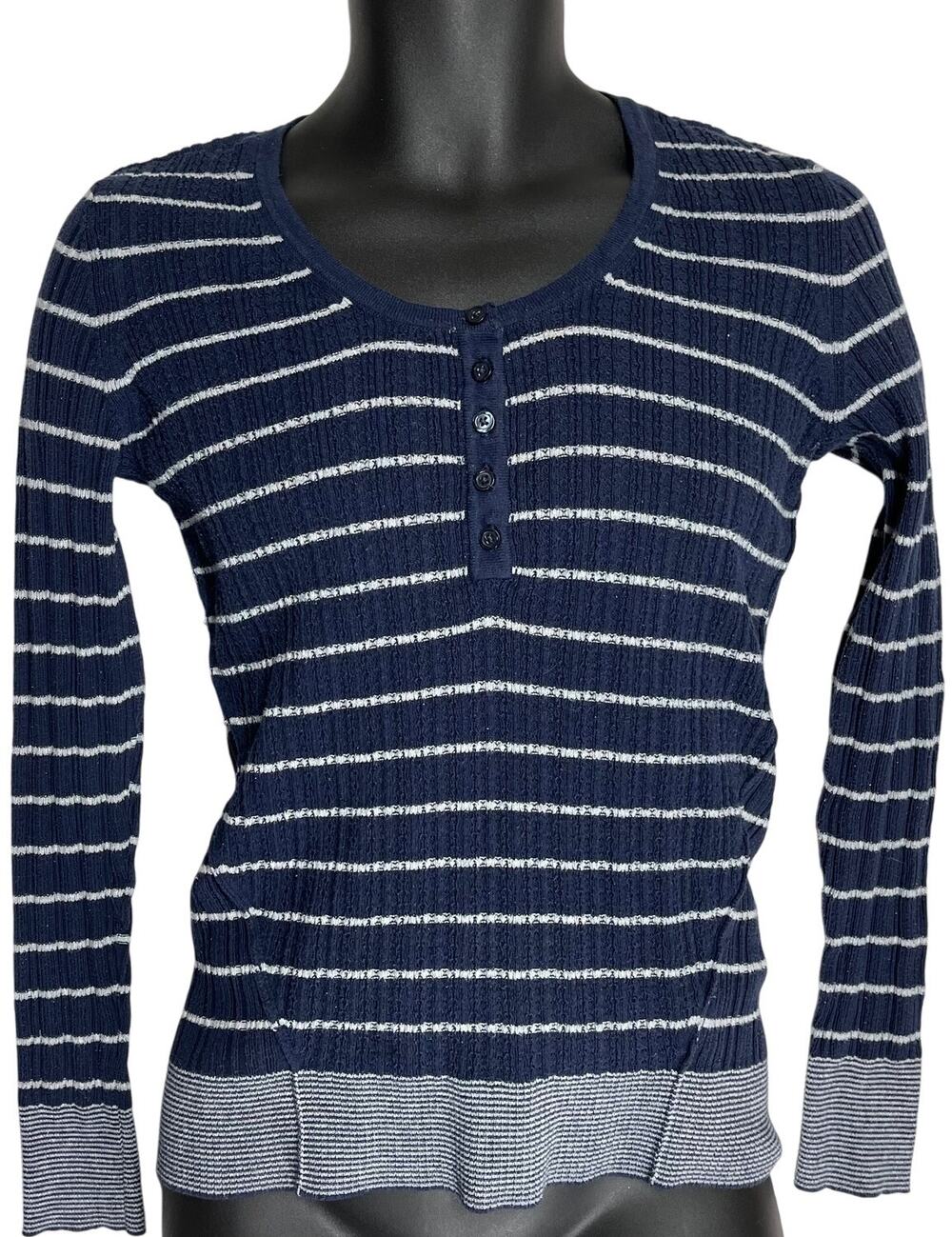 Sonoma Sweater Womens M Petite Blue Striped Long Sleeve Cotton Blend PILLING